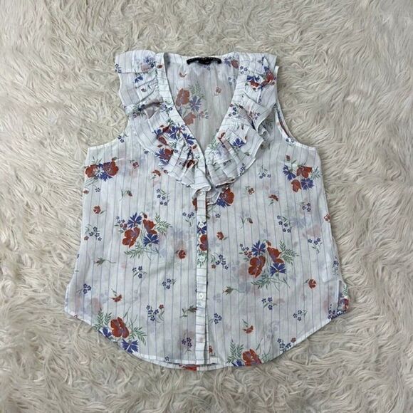 Veronica Beard Leina White Floral Ruffle Sleeveless Button Front V-neck Blouse M - Picture 2 of 10